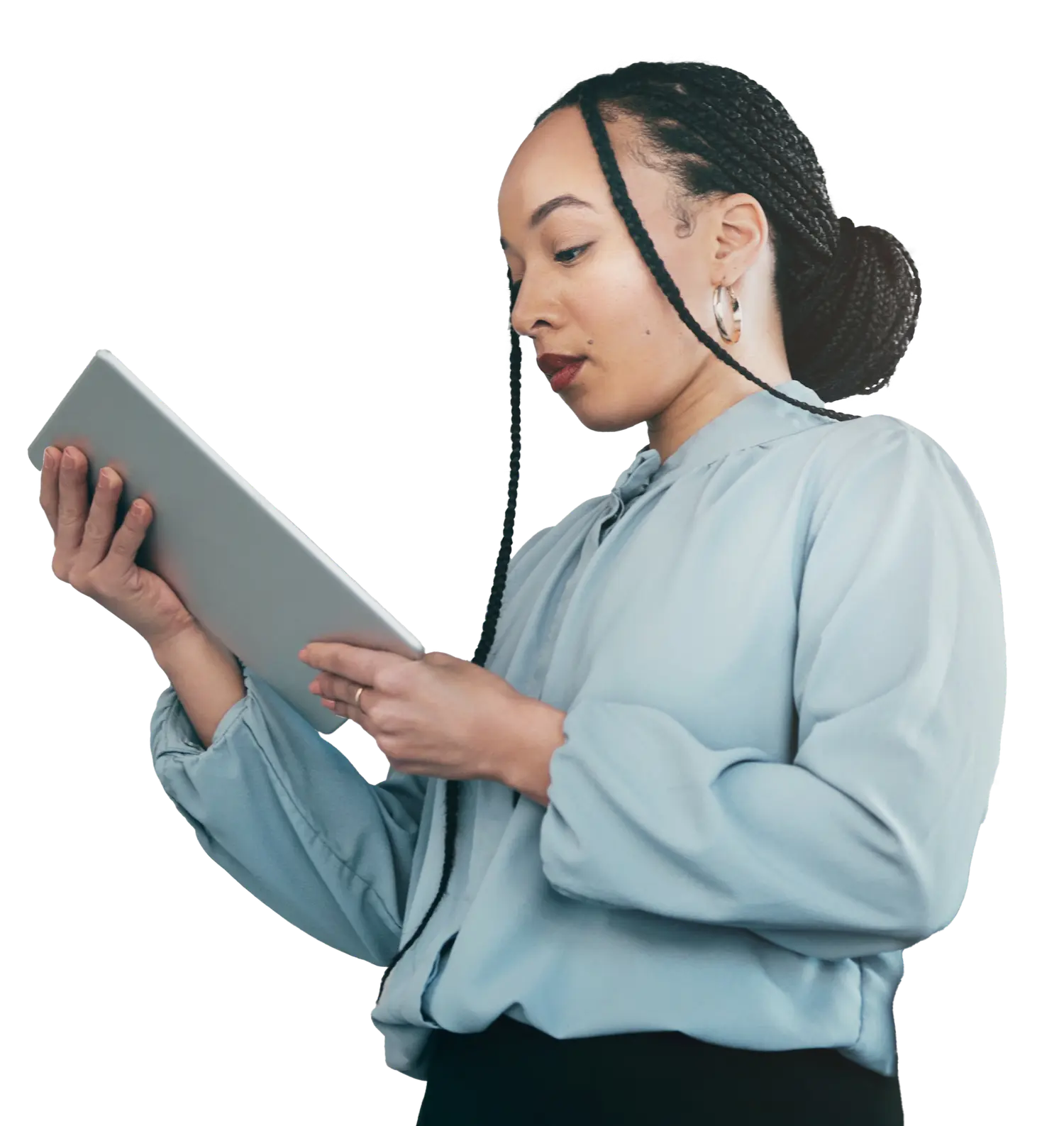 A woman reading a tablet