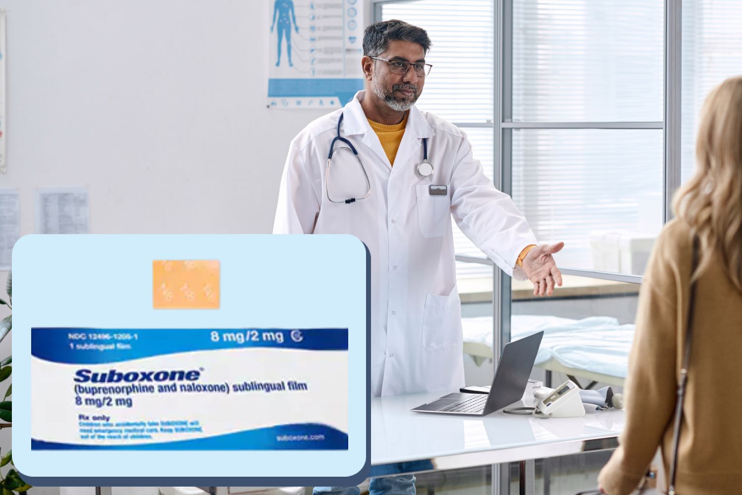 Doctor Greeting Patient along with photo of suboxone strip