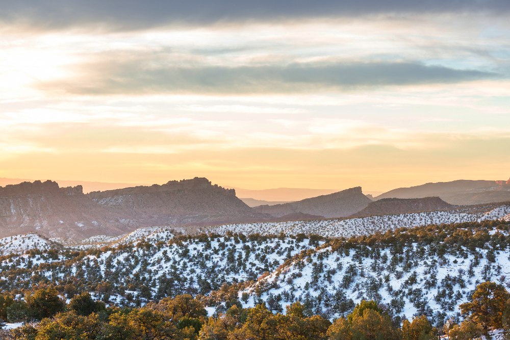 Snowy landscape at sunset