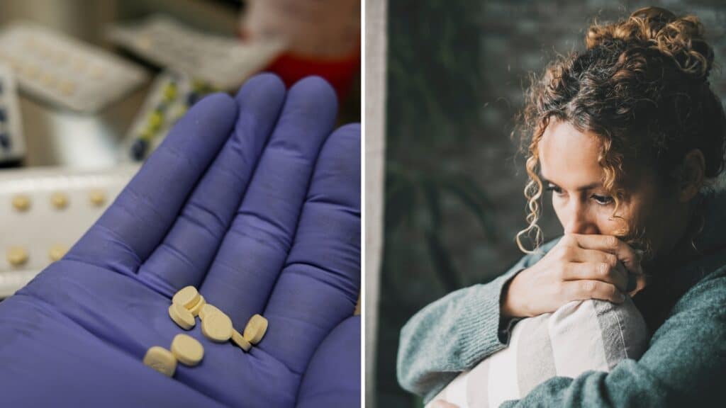 A handful of pills and a women experiencing the effects of suboxone withdrawal.