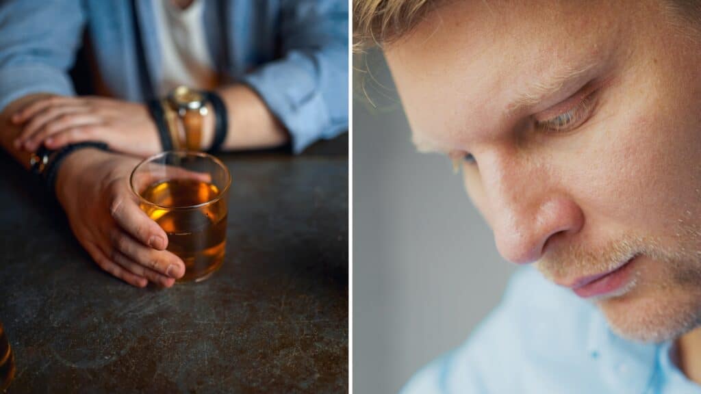 An image of a man holding a glass of alcohol and looking down while wondering how to taper off alcohol.