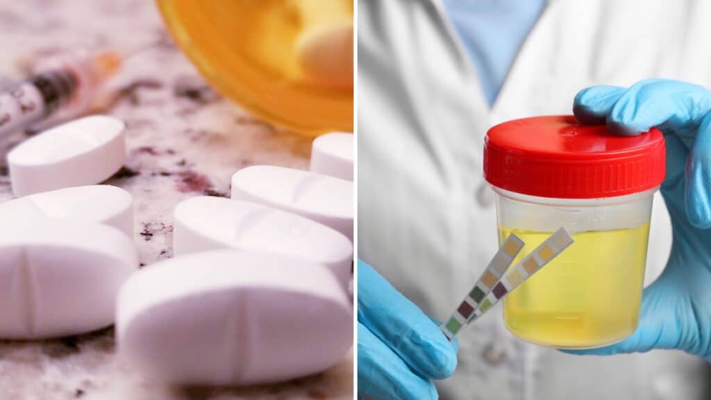 Does suboxone show up in a ua? An image of pills spilling out of a bottle next to a urine test.