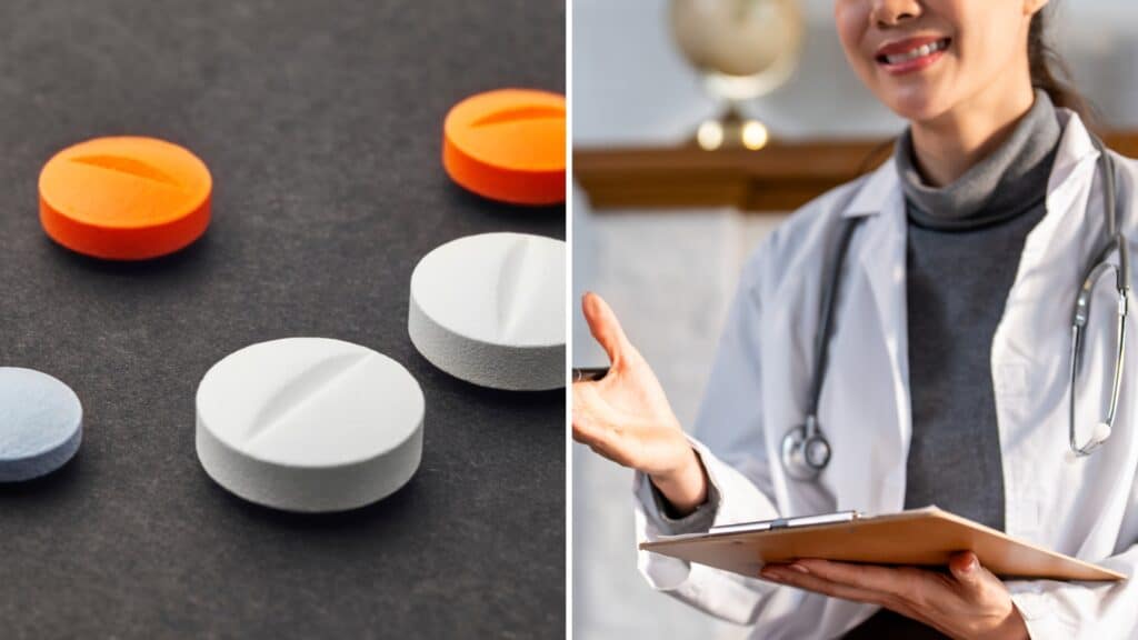 A split image of a doctor explaining what to avoid when taking naltrexone and pills.