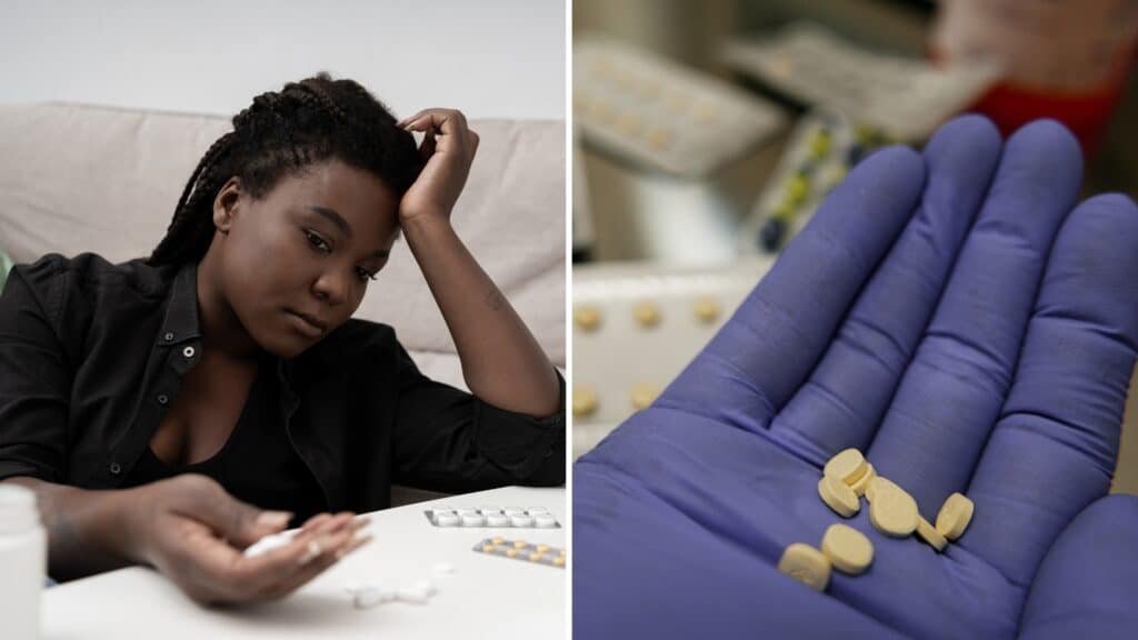 A woman looking at some pills debating acamprosate vs naltrexone.