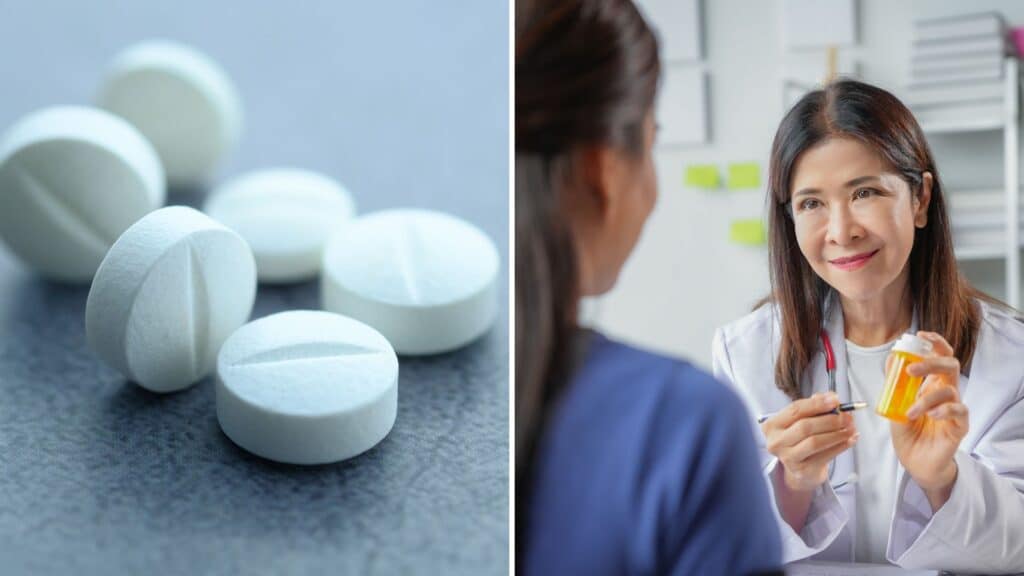 A split image of pills and a doctor explaining the long-term side effects of low-dose naltrexone to a patient.