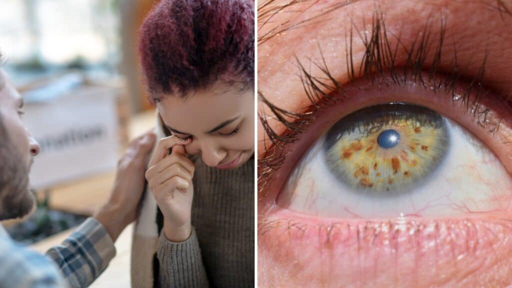 A man holding a woman's shoulder wondering what drugs make your pupils small and a close-up image of a pupil.