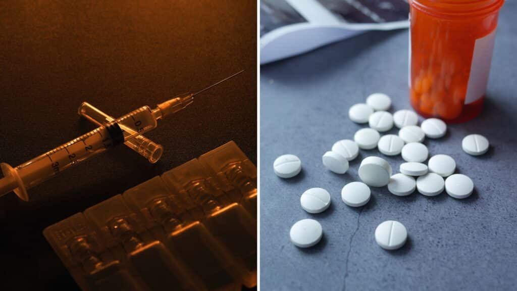 A split image of a syringe and pills next to a bottle for the topic how long does it take for naltrexone to work.