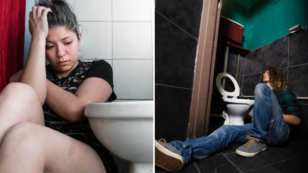 A split image of a woman and man sitting next to toilets worried about vomiting blood after drinking alcohol.