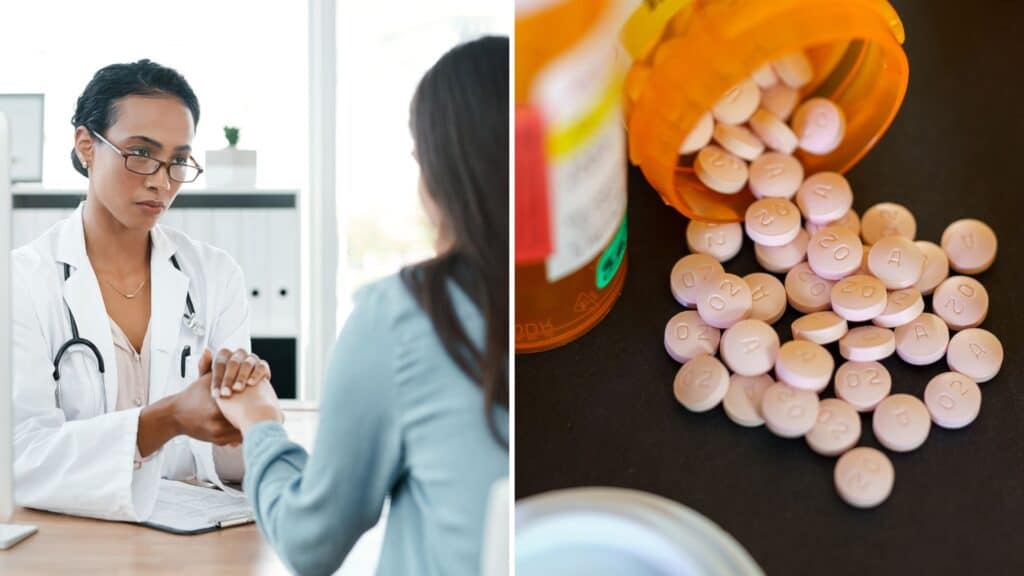A split image of a bottle of pills and a patient talking to a doctor asking can you overdose on suboxone.