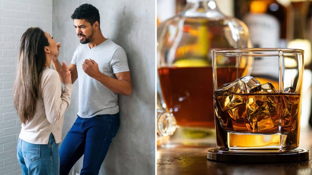 A split image of alcohol and a couple fighting about alcoholic rage syndrome.