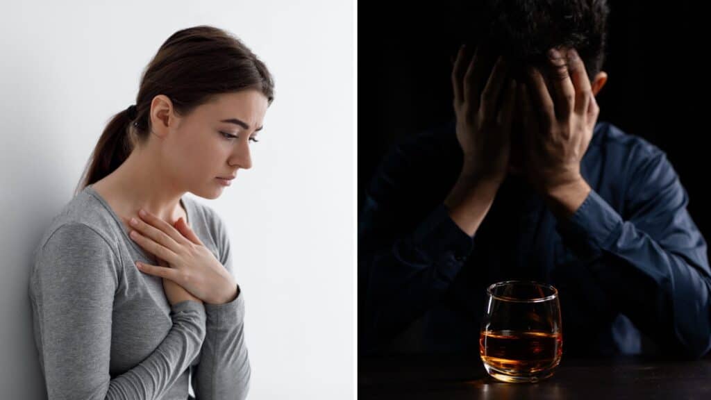 A split image of a women holding her chest and a man with his head down in front of a glass of alcohol for the topic why does alcohol dehydrate you,