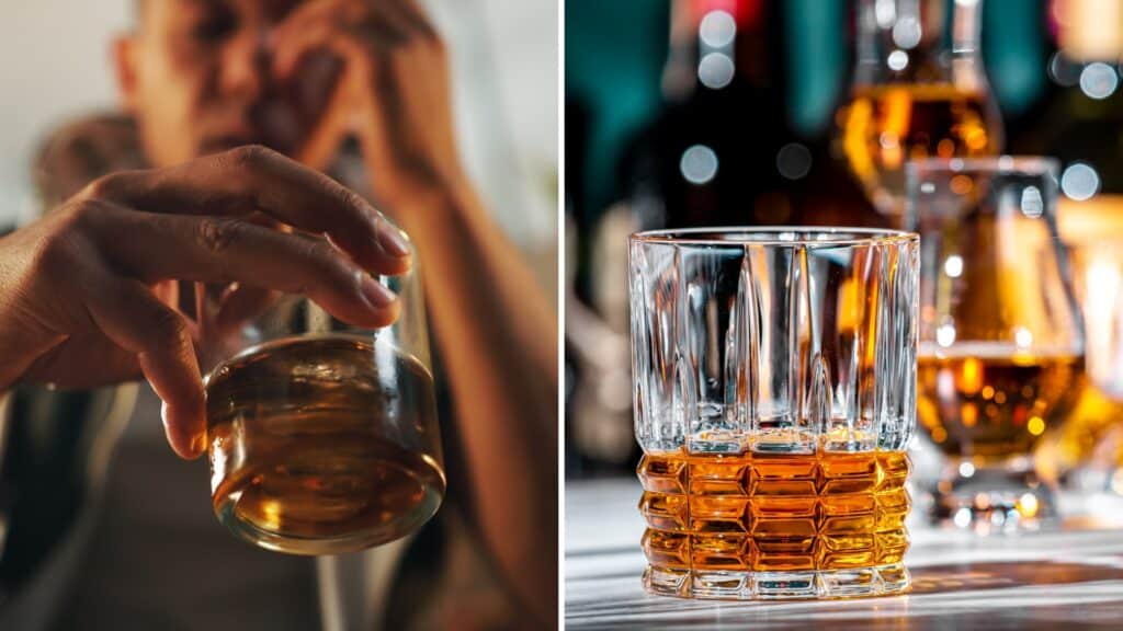 A split image of someone holding a glass of alcohol thinking about medication for alcohol use disorder and some alcohol on a counter.