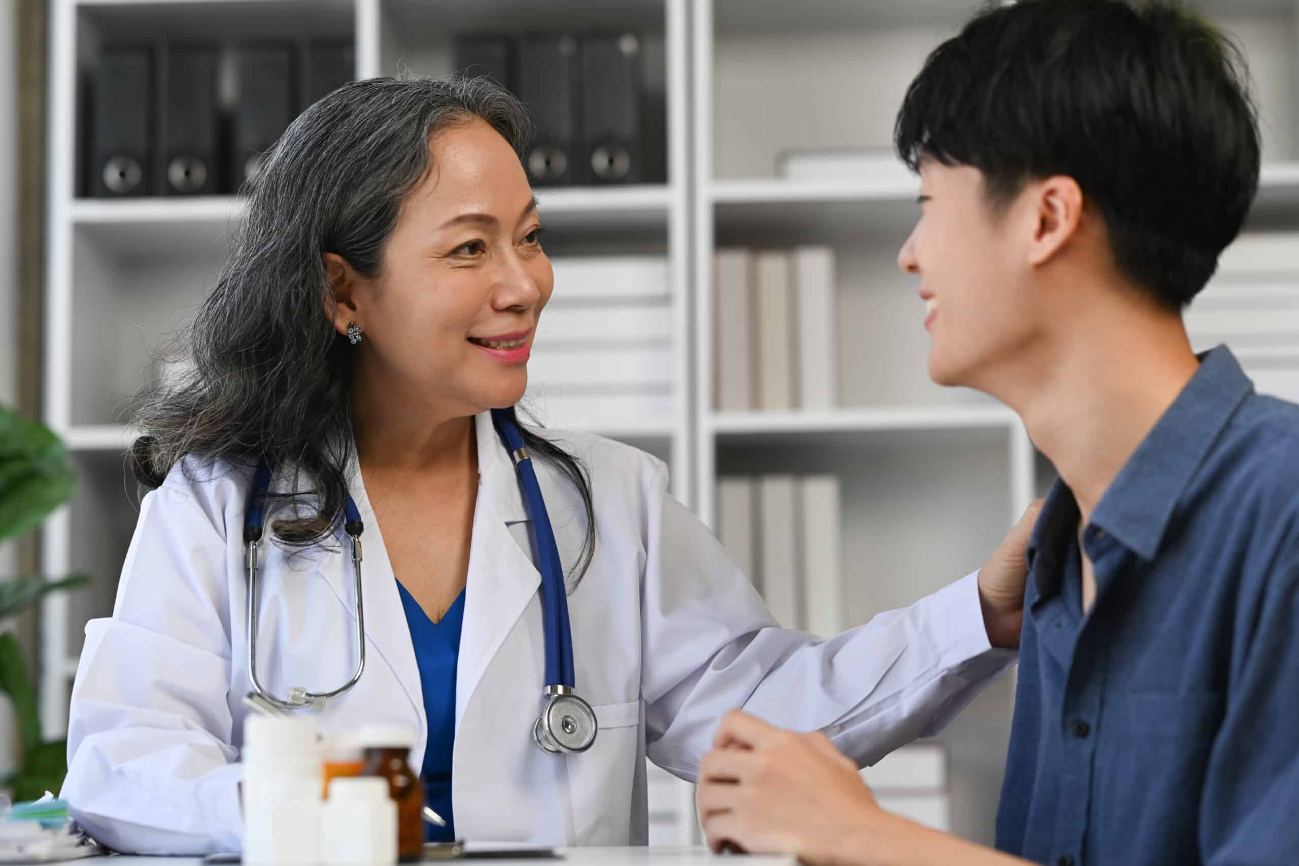 A doctor talking to a patient about what drugs make your pupils small.