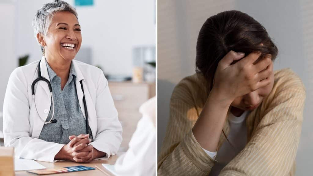 A split image of a doctor smiling while speaking to a patient and a woman with her head down wondering what the buspar withdrawal symptoms are.
