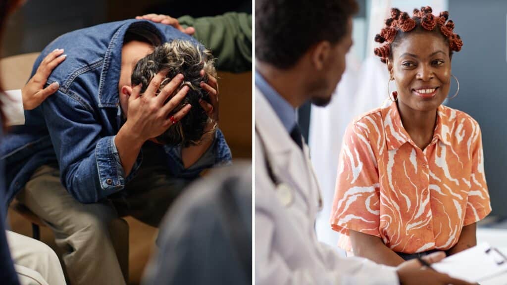 A split image of a man with his head down while people touch his shoulders for support and a woman speaking with a doctor about addiction treatment in colorado.