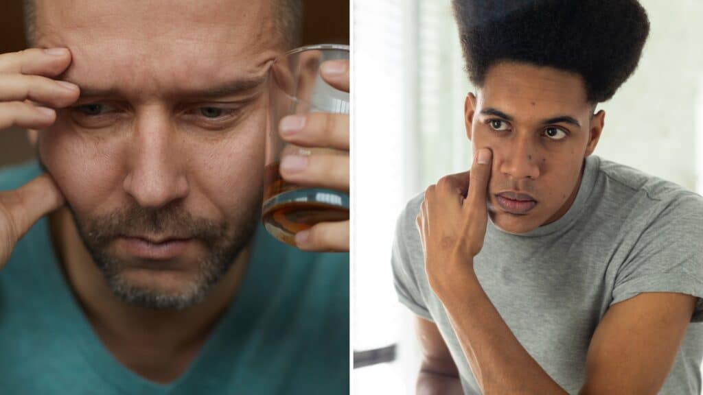 A split image of a man holding a glass of alcohol against his face next to another man looking at his face in the mirror wondering does alcohol make your face puffy.