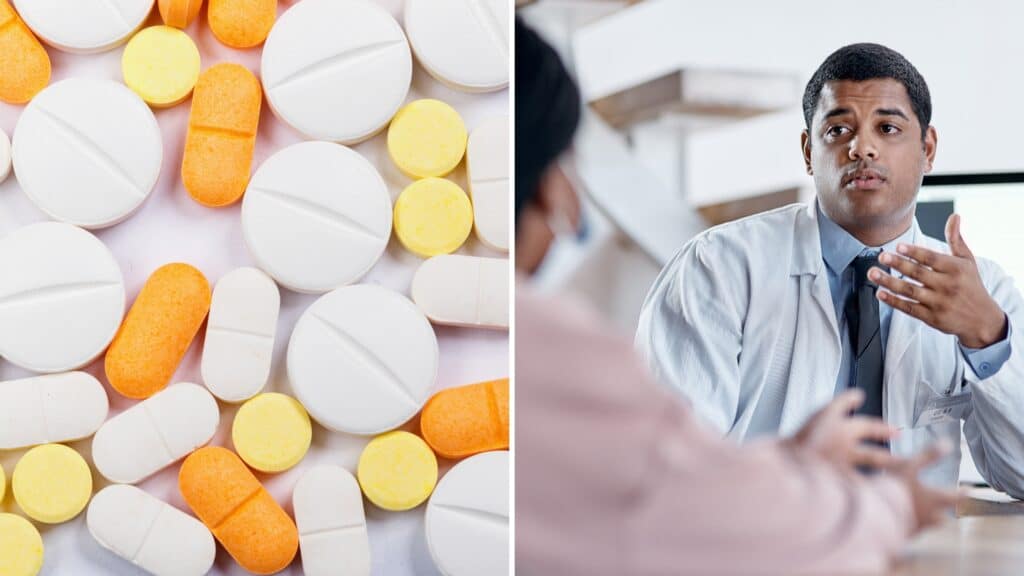 A split image of white, orange, and yellow pills next to a doctor speaking to a patient about subutex vs suboxone.