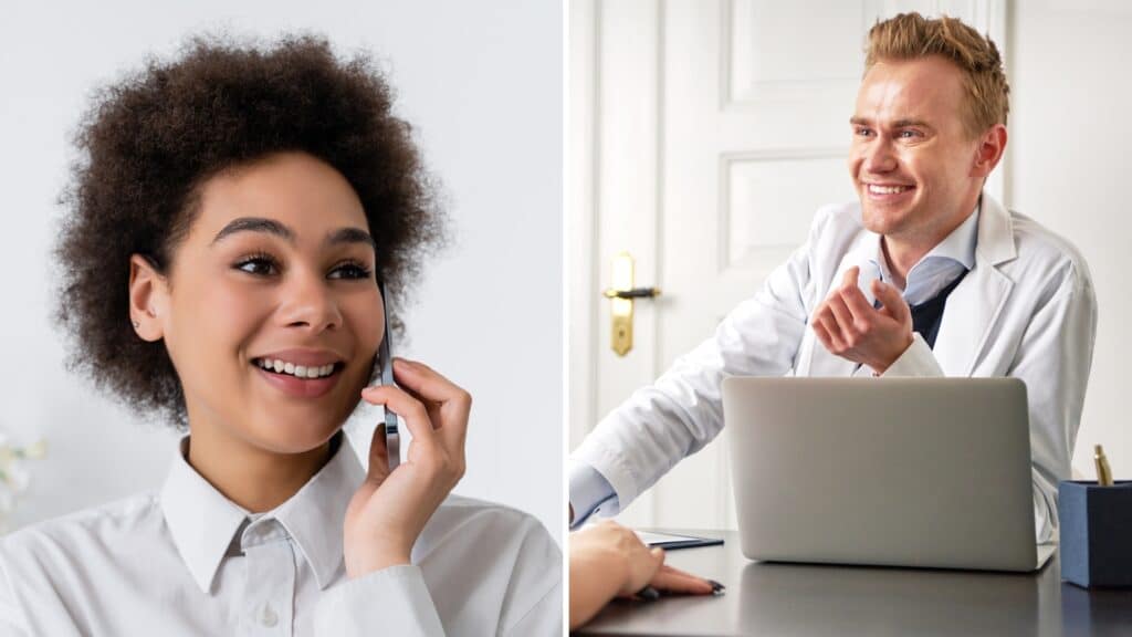 A split image of a woman smiling while speaking on the phone next to a doctor speaking with a patient for the topic suboxone doctors that take medicaid.
